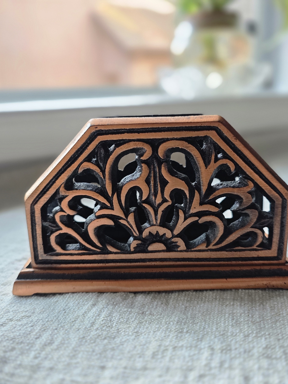 Vintage Mid-Century Antique Copper Filigree Napkin & Letter Holder